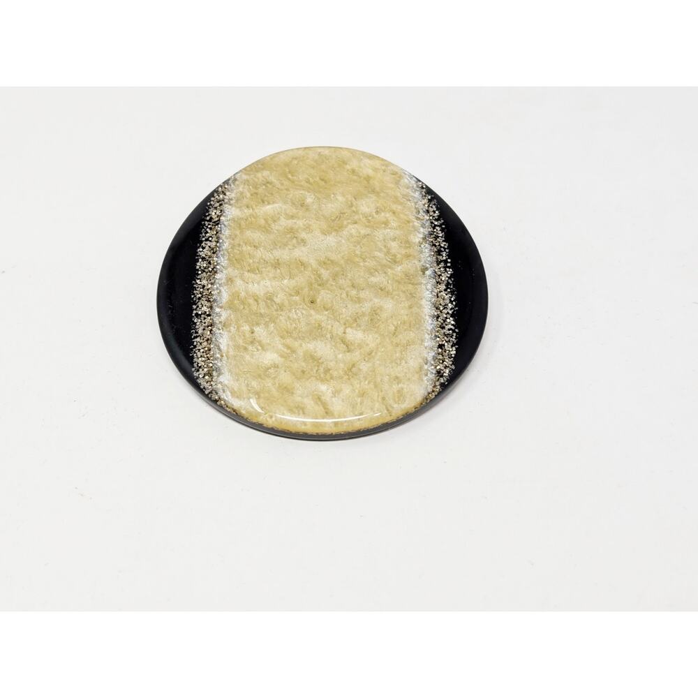 Celestial Brooch Pin Round Black Silver Tone Beige Enamel